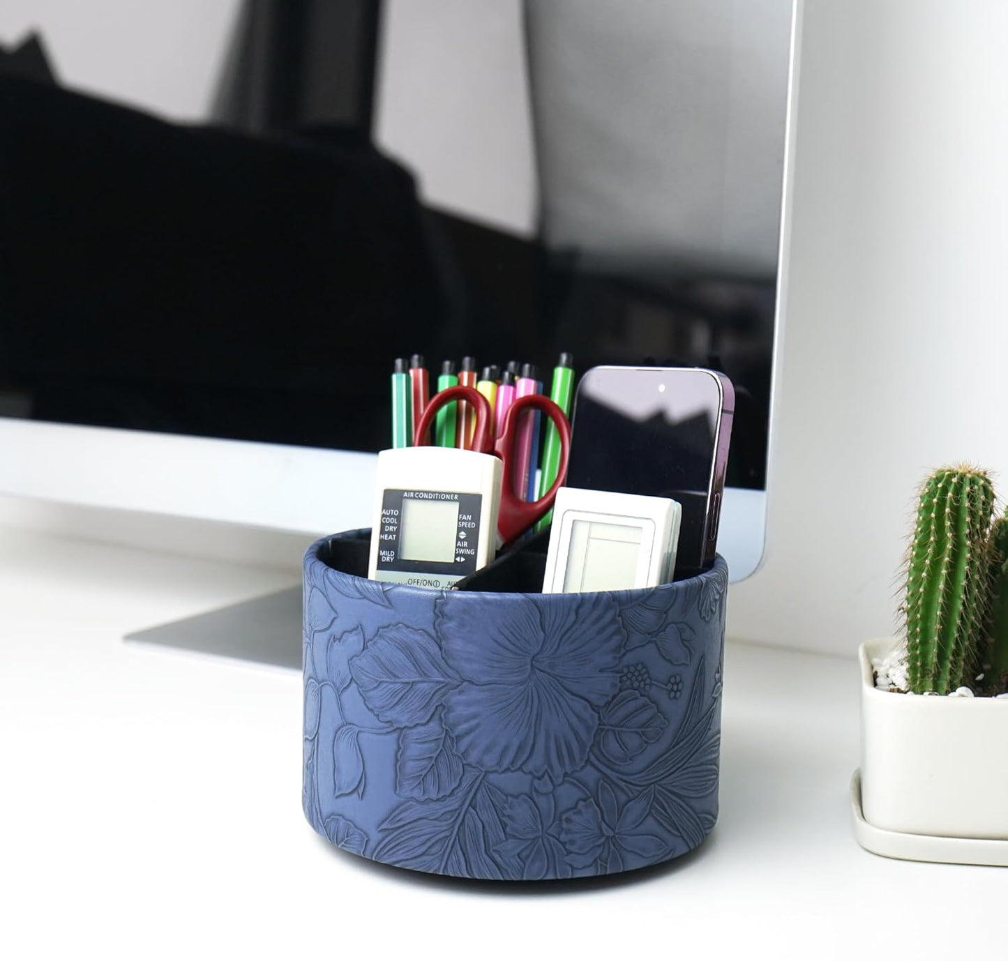 Round Leather Art Supply Organizer,Remote Control Holder,360 Degree Rotating,Multi-Functional Pencil Holder,4 Compartments Desktop Stationary Organizer(1-Fractal Flower) | Round - Colors B