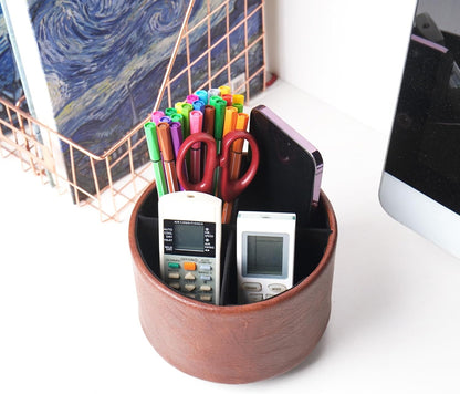 Round Leather Art Supply Organizer,Remote Control Holder,360 Degree Rotating,Multi-Functional Pencil Holder,4 Compartments Desktop Stationary Organizer(1-Fractal Flower) | Round - Colors C