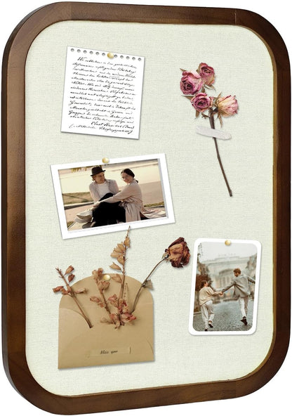 Linen Bulletin Board, Pin Board for Walls, Fabric Bulletin Board, 13"x17"Small Pin Board for Home Kitchen Office Decorative, Brown Wood Frame Cork Board(BN-3343)