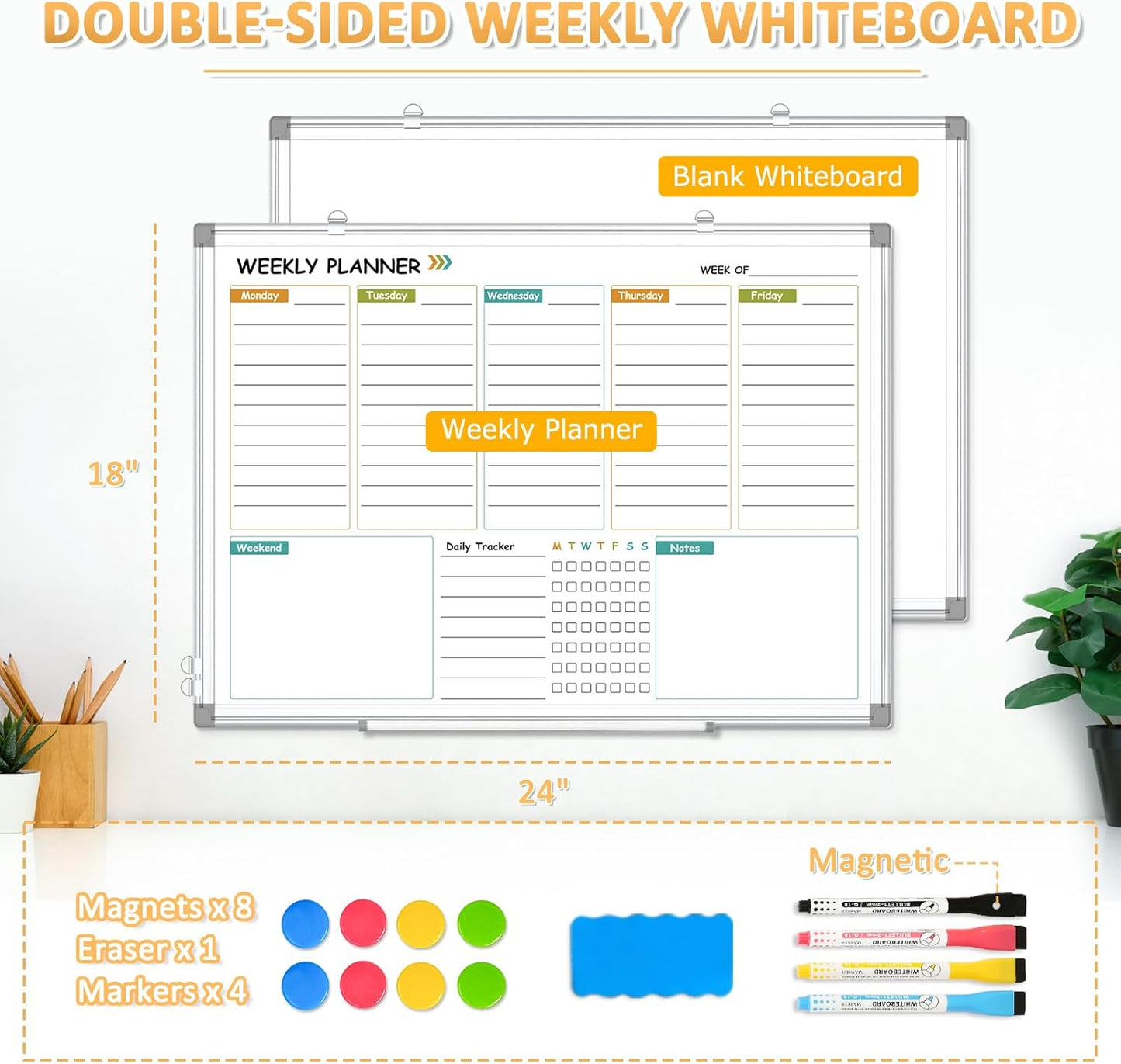 Weekly Calendar Dry Erase Whiteboard for Wall, 24"x18" Magnetic Weekly Planner White Board, Double Sided Hanging Daily Planning Board for Home, Office, School, Kitchen