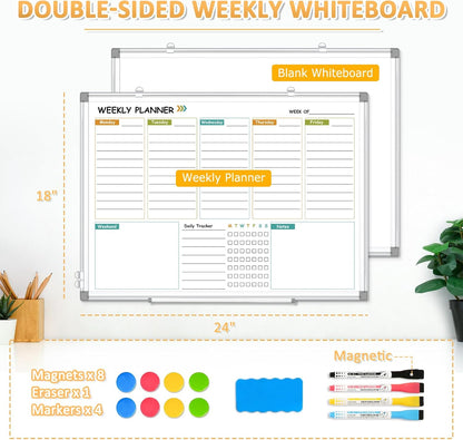 Weekly Calendar Dry Erase Whiteboard for Wall, 24"x18" Magnetic Weekly Planner White Board, Double Sided Hanging Daily Planning Board for Home, Office, School, Kitchen
