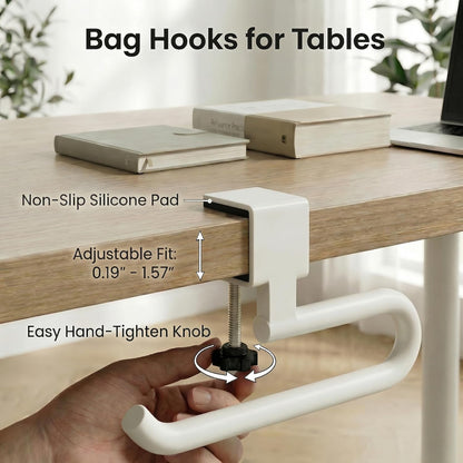 Desk Hook & Bag Hooks for Tables, Anti-Slip 60LB Heavy Duty Clamp-On Backpack Hanger, Extended Clearance Bag Holder for Desk for Office & Gaming, Adjustable (0.19-1.57in) (White)
