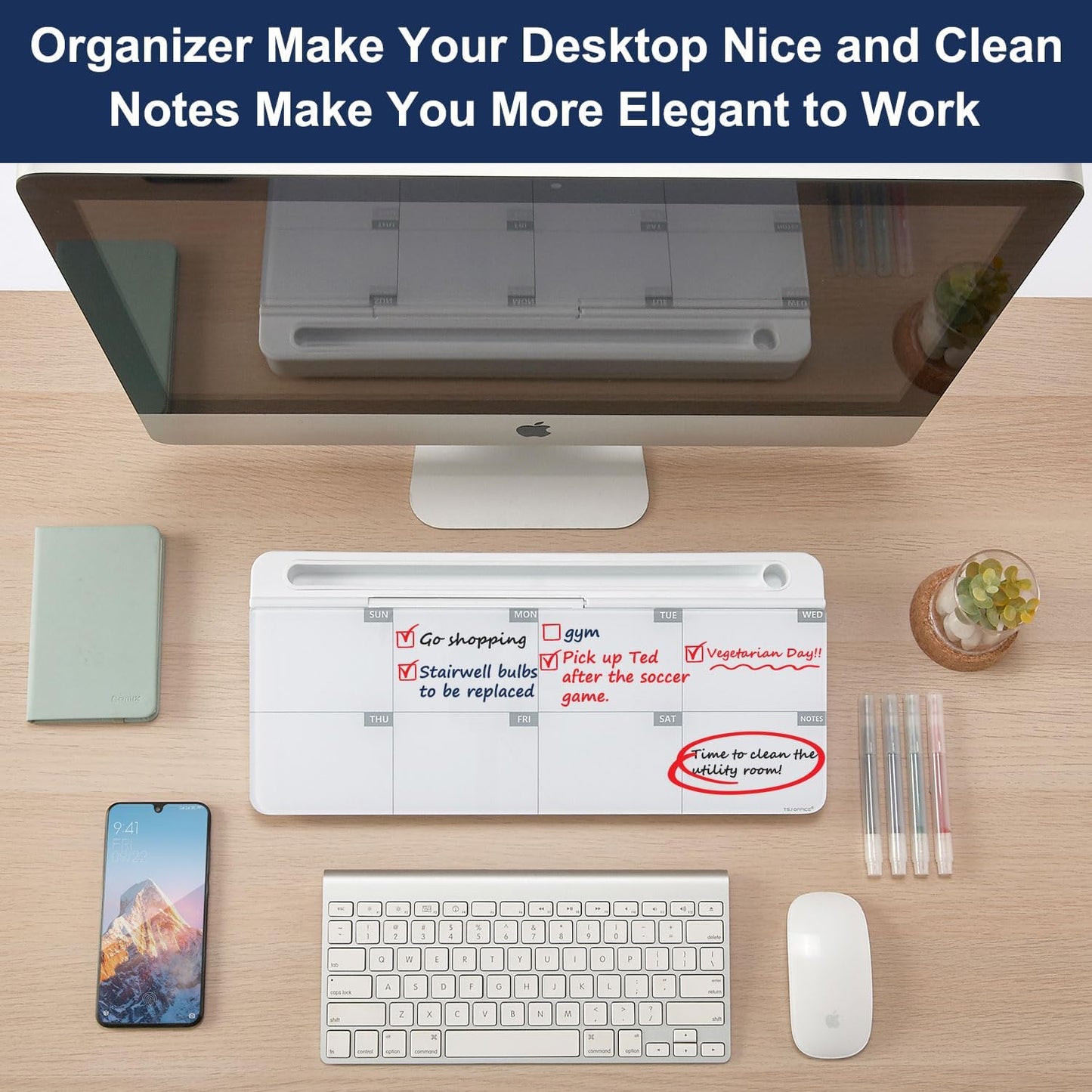 TSJ OFFICE Small Desktop Whiteboard -Glass Dry Erase Board Computer Keyboard Stand White Board Surface Pad with Drawer, Desk Organizers with Accessories for Office, Home, School Supplies - White