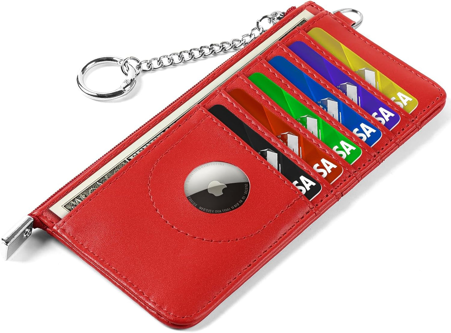 RFID Blocking Slim Credit Card Holder Wallet with Zipper Money Pocket & Keychain, Slim Airtag Wallet for Men Women