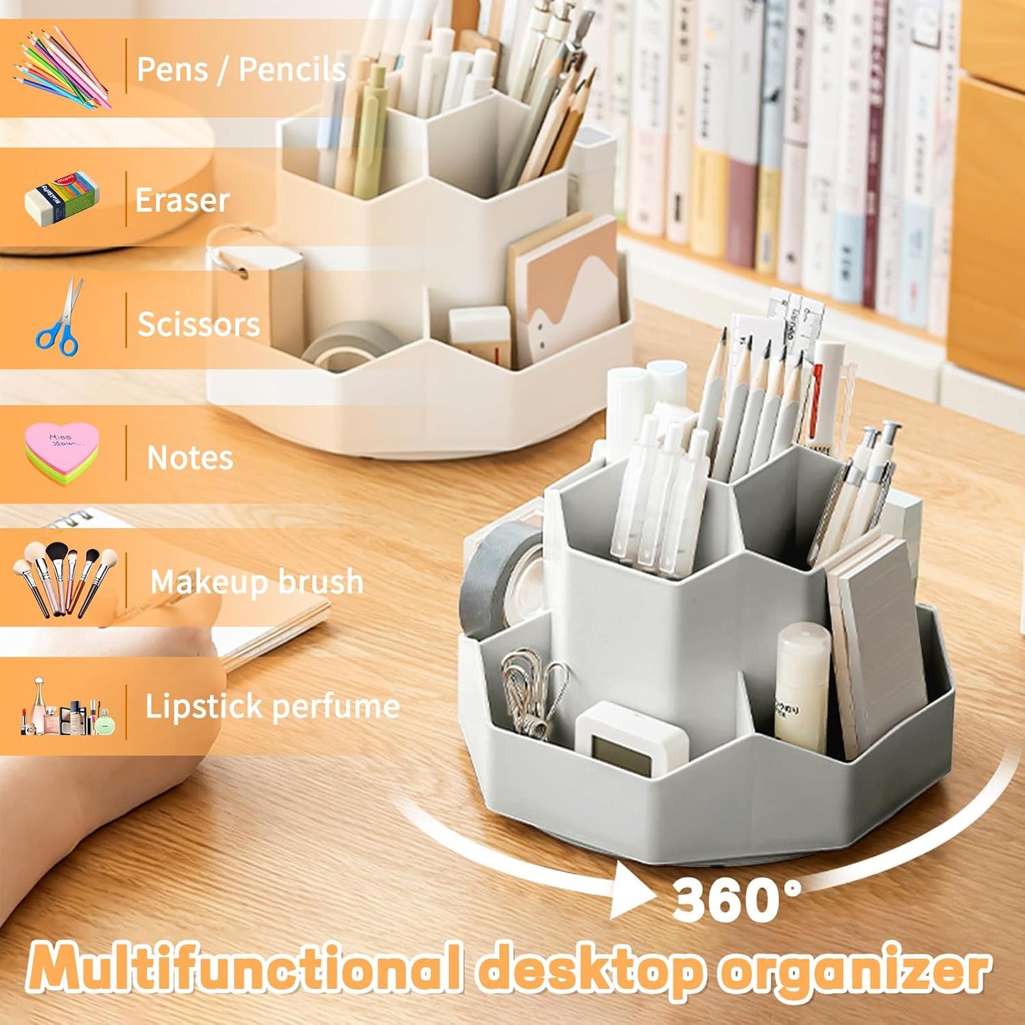 Cayxenful Pencil Pen Holder for Desk,9 Slots 360 Degree Rotating Desk Organizers,Desktop Storage Stationery Supplies Organizer, Cute Pencil Cup Pot For Office, School, Home(Black)