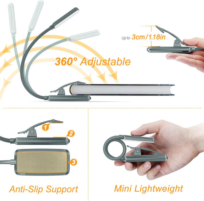 Gritin 9 LED Rechargeable Book Light for Reading in Bed - Eye Caring 3 Color Temperatures,Stepless Dimming Brightness,80 Hrs Runtime Small Lightweight Clip On Book Reading Light for Studying