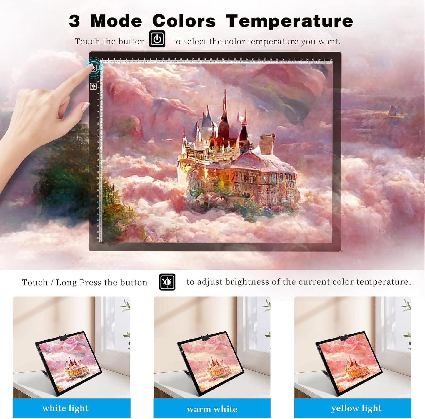 A3 Tracing Light Box, iVAOOZE A3 LED Light Pad with 3 Colors Mode Stepless Dimmable and 6 Levels of Brightness Light Copy Pad, Wireless Rechargeable Led Light Board for Diamond Painting Sketching