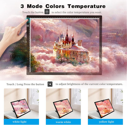 A3 Tracing Light Box, iVAOOZE A3 LED Light Pad with 3 Colors Mode Stepless Dimmable and 6 Levels of Brightness Light Copy Pad, Wireless Rechargeable Led Light Board for Diamond Painting Sketching
