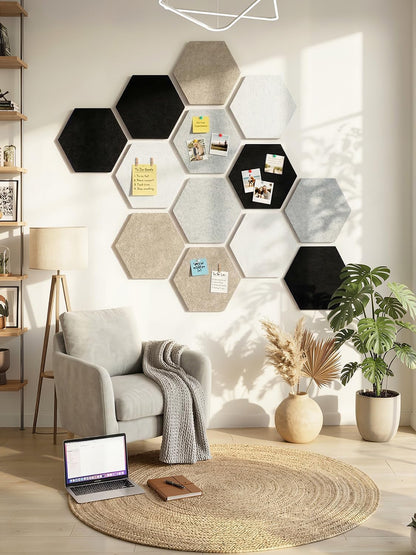 8 Pack Hexagon Felt Bulletin Board Tiles - 12" Large Thick Pin Board for Walls with 30 Push Pins, DIY Boards for Office Home School Decor, Aesthetic Hex Cork Board Alternative