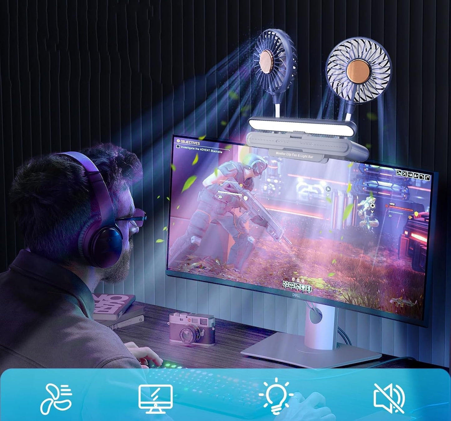 USB Monitor Clip on Fan via Flip-Open LED Light Bar, Two-Head Personal Cooling desktop Laptop Quiet USB Fan for Office, 3 Wind Speeds, for Flat, Curved Monitors (Deepsea Blue)