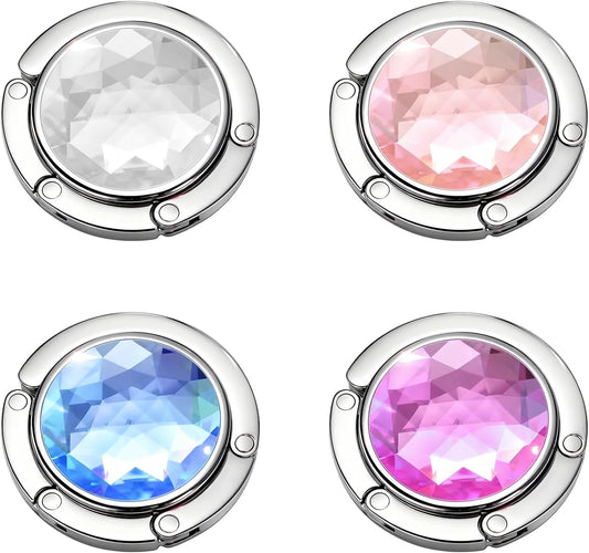 Making Your Bag Within Reach: 4-Pack Large Crystal Foldable Handbag Hanger for Table, Bag Hook for Table, Purse Hook for Table. Thank You Gifts for Women. 4 Mixed Colors (Pink&White&Lavender&Blue).