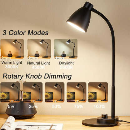 BOHON LED Desk Lamp with USB Charging Port, 3 Color Modes Dimmable Reading Lamp, Auto Dimming Task Lamp, Flexible Neck Table Light for Dorm Bedside, Adapter Include, White