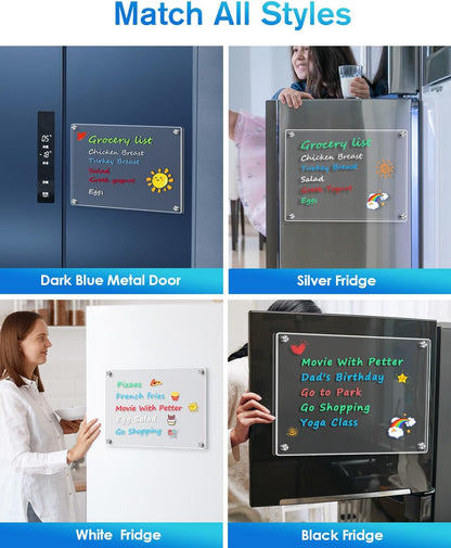 MaxGear 12"x8" Acrylic Magnetic Whiteboard for Fridge, Small Clear Refrigerator Dry Erase Board with 4 Markers and 1 Cloth, Smooth Writing and Easy Cleaning Blank Memo Grocery List for Home Planner