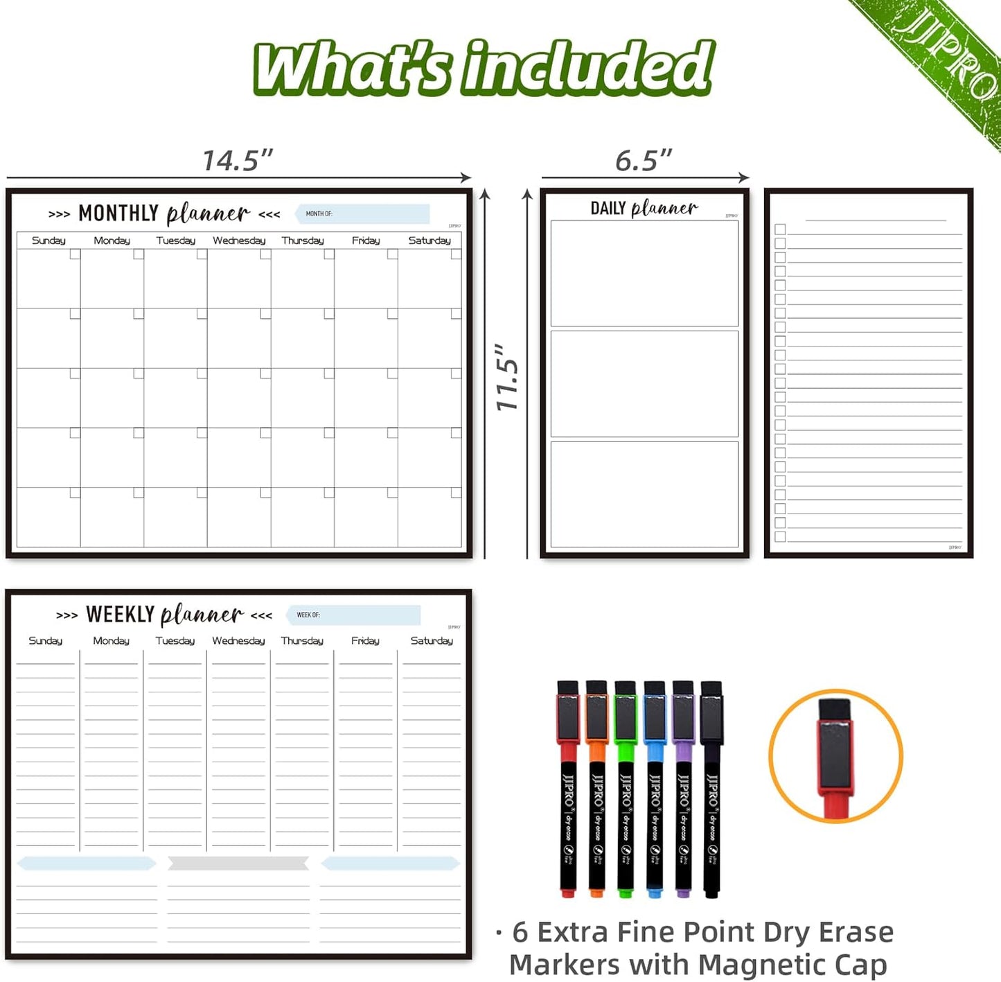 JJPRO Non-Magnetic Dry Erase Weekly Calendar for Fridge,Reusable Weekly Meal Planner and to Do List Whiteboard Bundle-Starts Monday,8.5"x12" Reusable Calendars Stick to Wall, All Smooth Surfaces