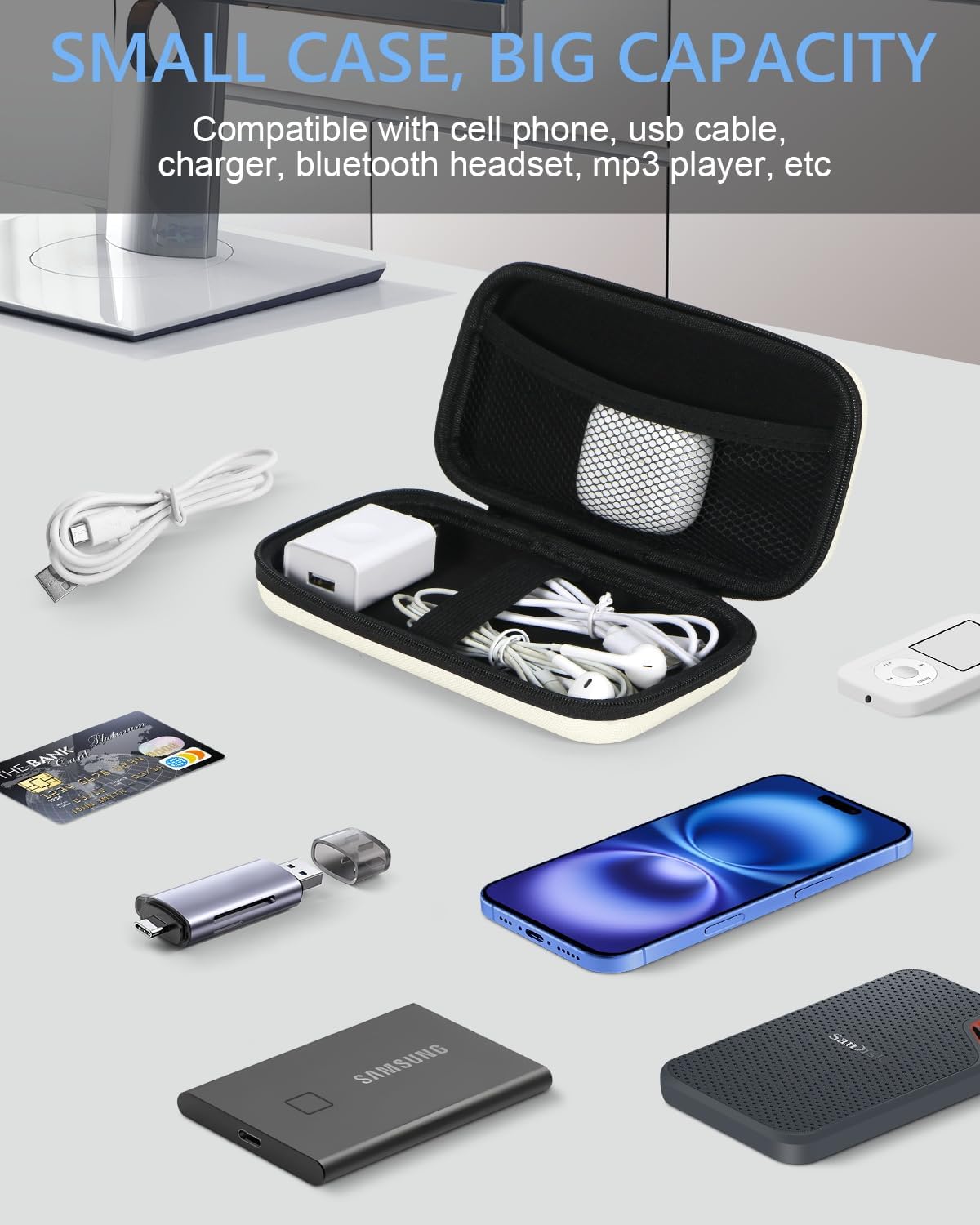 Portable Protection Hard EVA Case for External Battery, Cell Phone, GPS, Hard Drive, USB/Charging Cable, Small Carrying Bag Mesh Inner Pocket, Zipper Enclosure, Universal Travel Pouch Bag