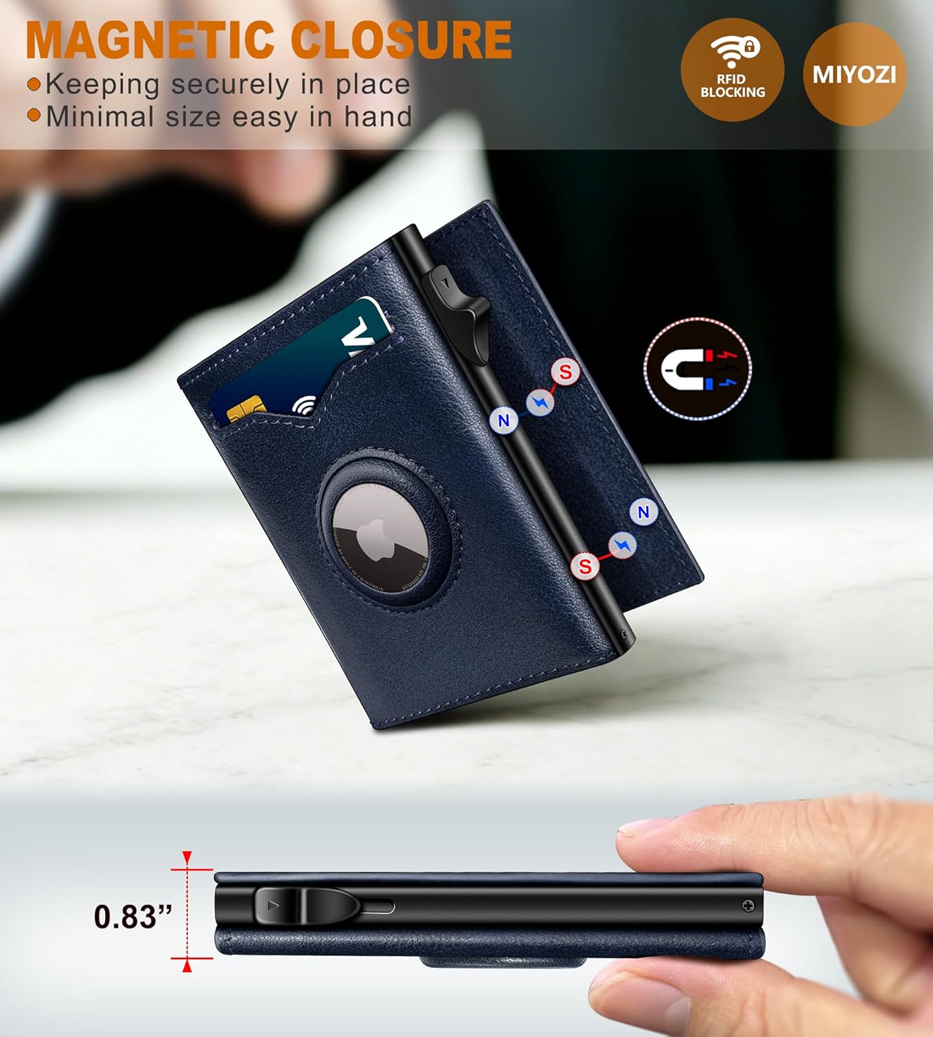 miyozi Airtag Wallet for Men,with Cash Pocket 2 ID Window 9-12 Cards,Metal Case Smart Slim Pop Up Credit Card Holder Flip with Magnetic Closure RFID Blocking Trifold wallet with Gift Box