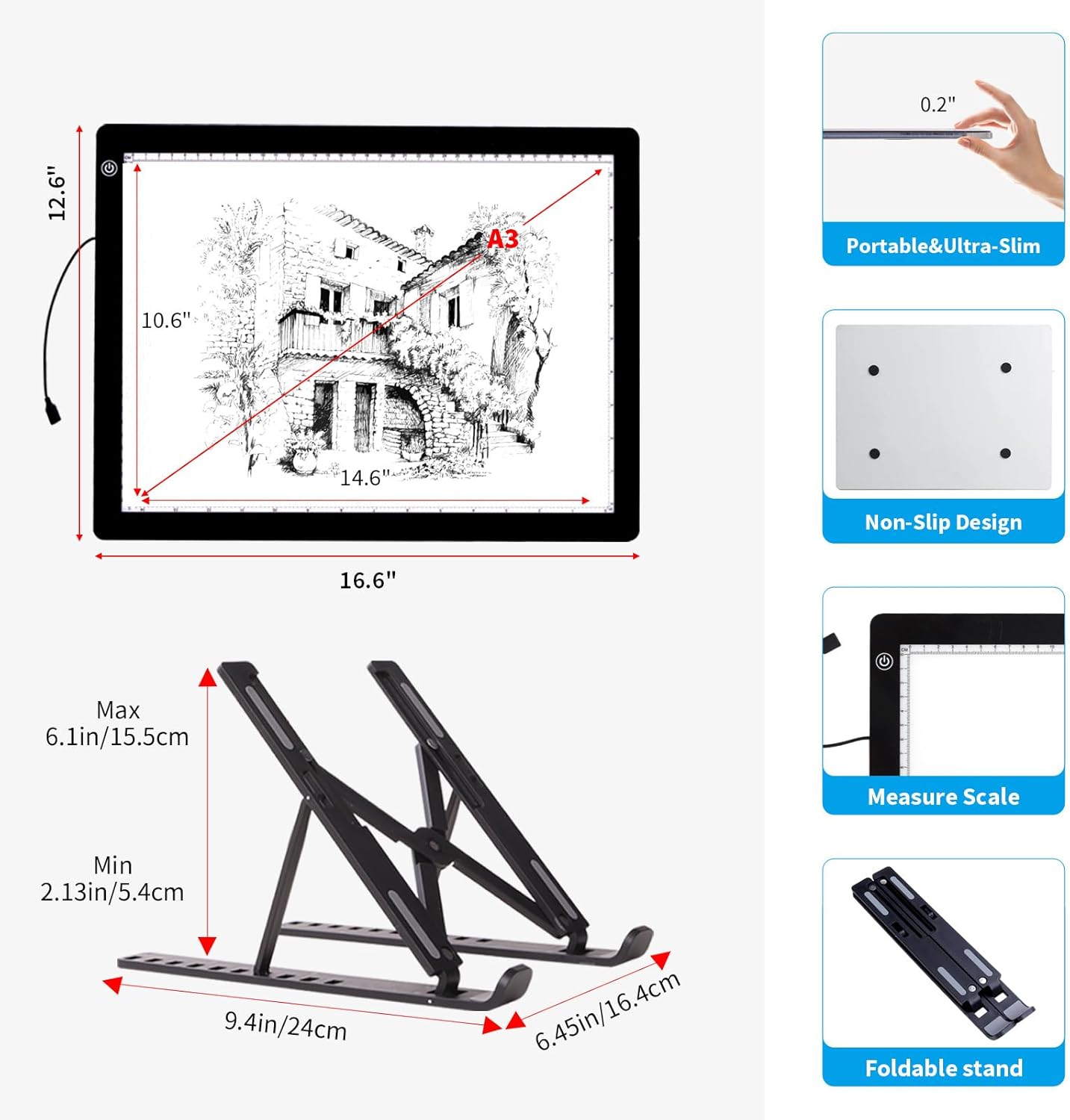 A4 Light Board for Diamond Painting - Tracing Light Box with Stand, Stepless Dimmable 3 Levels Brightness Light Pad, Ultra-Thin LED Light Pad for Weeding Vinyl, Drawing, Diamond Painting