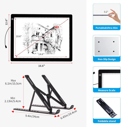 A4 Light Board for Diamond Painting - Tracing Light Box with Stand, Stepless Dimmable 3 Levels Brightness Light Pad, Ultra-Thin LED Light Pad for Weeding Vinyl, Drawing, Diamond Painting