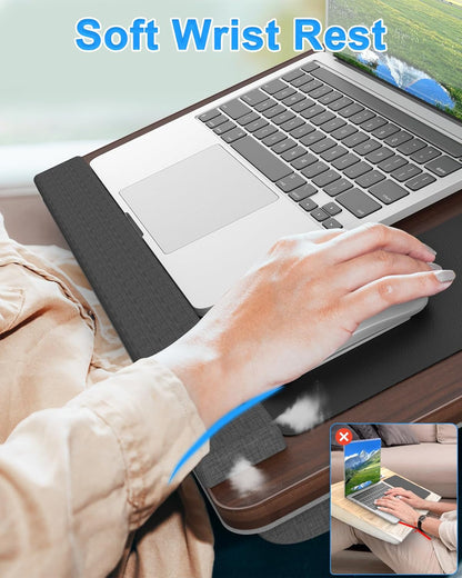 HETTHI Laptop Lap Desk, Portable Large Laptop Desk for Bed, Up to 17 Inch Lap Pad Tray with Wrist Rest, Mouse Pad, Tablet Phone Slot, Portable Handle, Cushion (Black)
