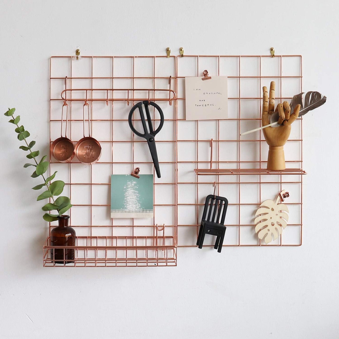 Wall Grid Panel for Photo Display,Wall Storage Organizer,5 Metal Clips & 3 S Hooks & 4 Nails & 4 Plastic Hanging Buckles and 4 Screws Offered,Size 17.5" x 11.8",2 Pack(Gold)