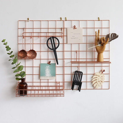 Wall Grid Panel for Photo Display,Wall Storage Organizer,5 Metal Clips & 3 S Hooks & 4 Nails & 4 Plastic Hanging Buckles and 4 Screws Offered,Size 17.5" x 11.8",2 Pack(Gold)