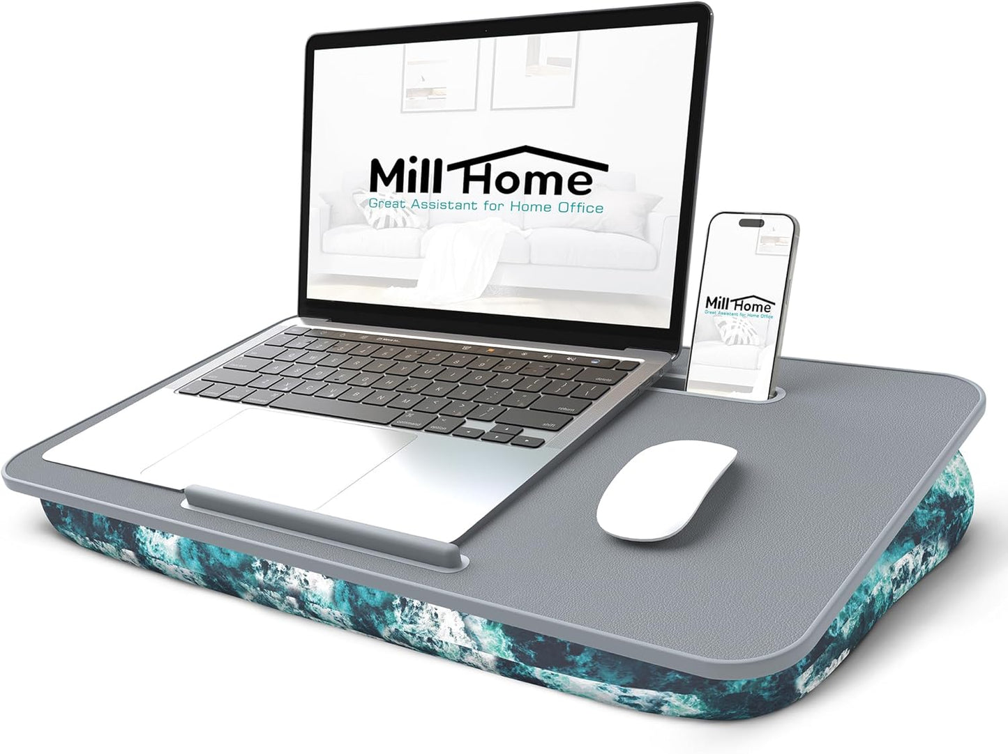 Lap Desk with Cushion, Fits up to 17 inch Laptop, Pillow Designed, Portable Laptop Stand with Tray, Pad & Phone Holder, Home Office for Bed/Couch/Car/Reading/Writing,MillHome (Black)