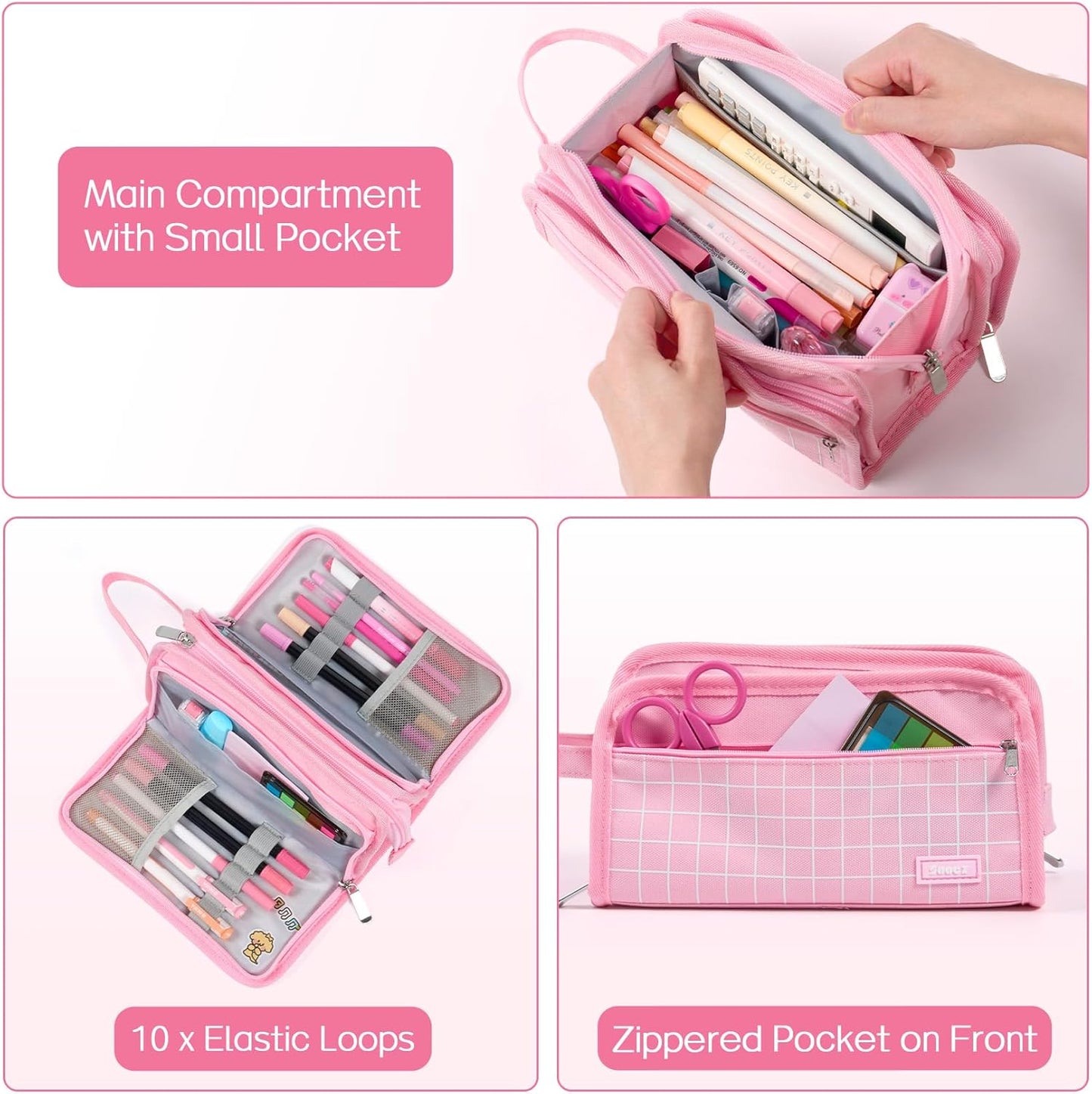 Sooez Large Pencil Case, Big Capacity Pencil Pouch Pen Bag with 3 Compartment, Portable Canvas Stationery Organizer with Zipper, Cute Aesthetic School Supplies for Teen Girls College, Pink with Plaid