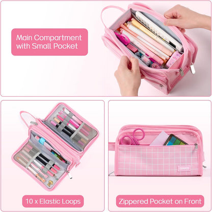 Sooez Large Pencil Case, Big Capacity Pencil Pouch Pen Bag with 3 Compartment, Portable Canvas Stationery Organizer with Zipper, Cute Aesthetic School Supplies for Teen Girls College, Pink with Plaid