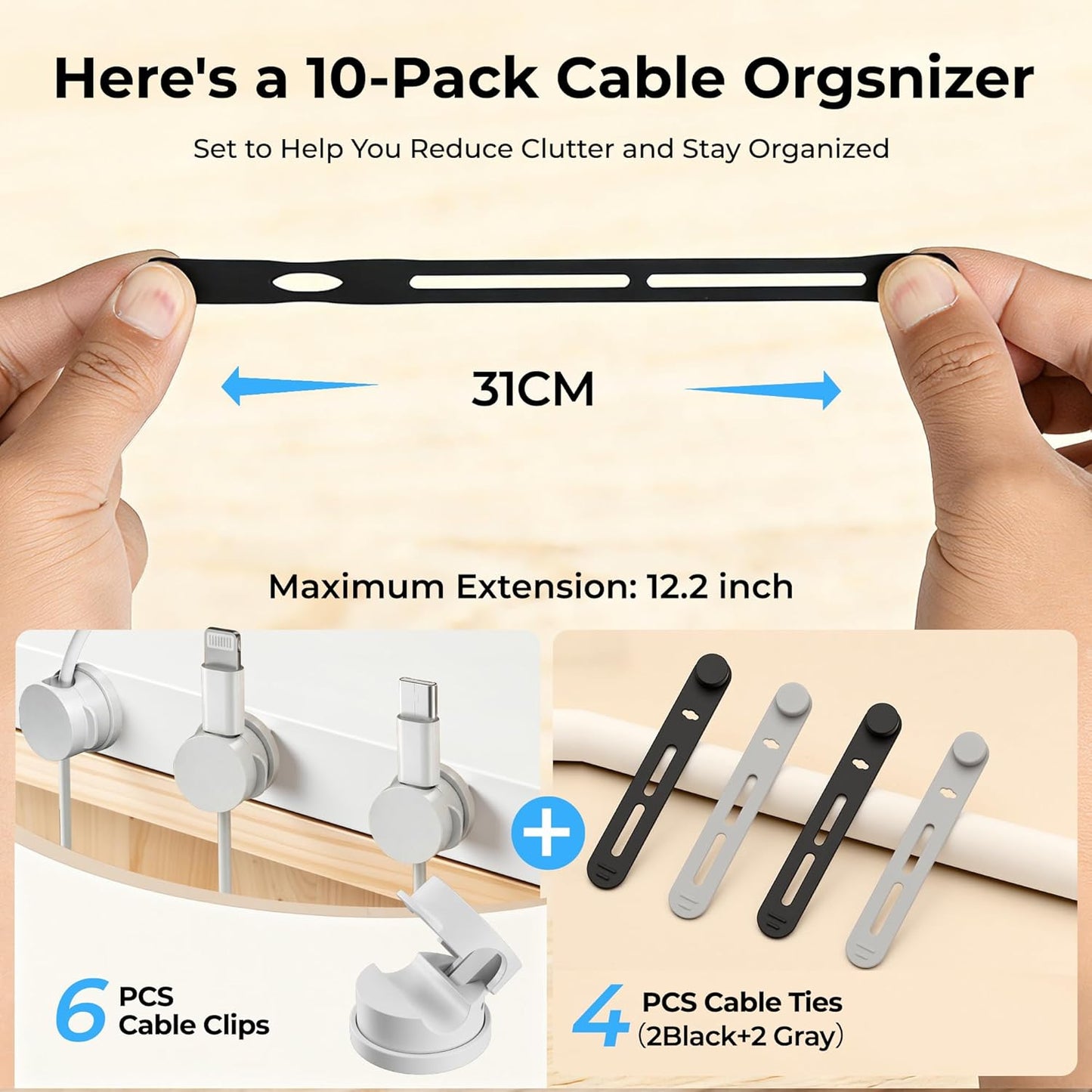 360° Rotatable Cord Organizer Set: 10 Pack Cable Holders & Silicone Cable Straps, Adhesive Wire Fixer for Desk Phone Charger, Nightstand Cable Management for Home Travel Office Accessories Black