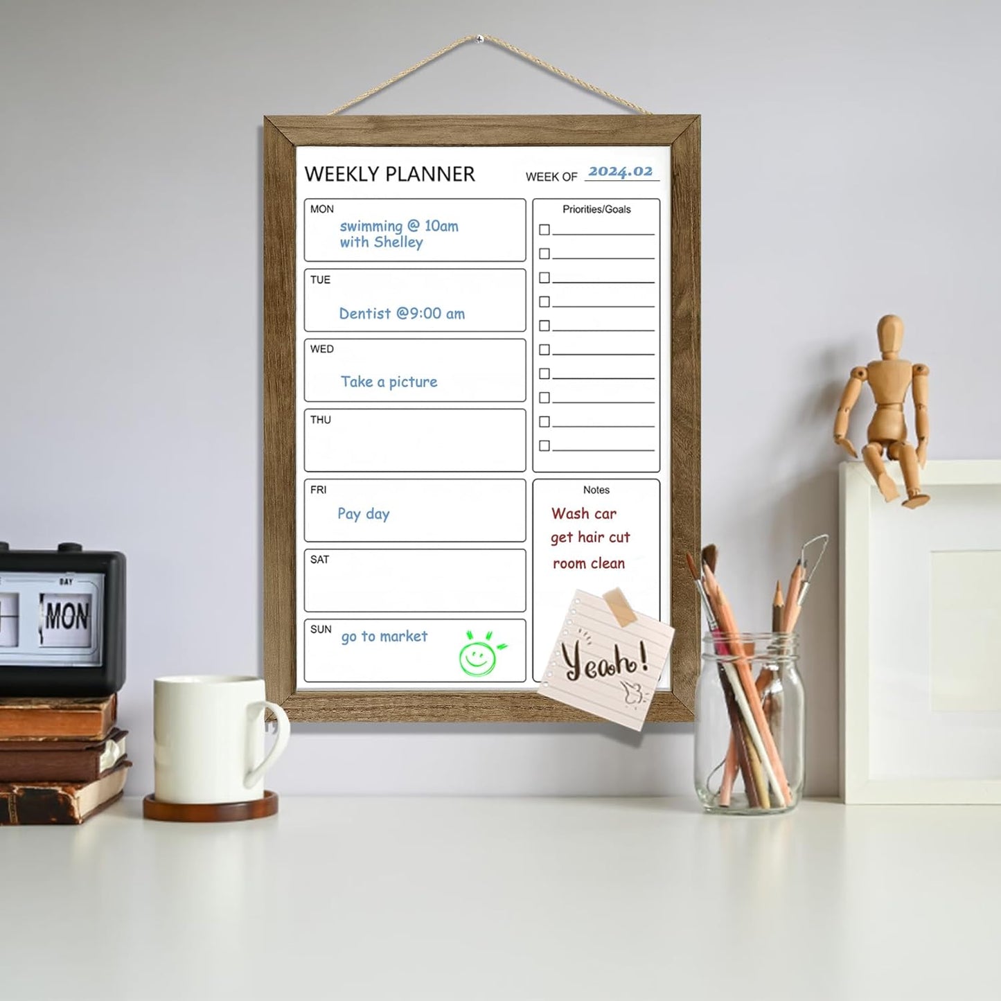 Dry Erase White Board Weekly Calendar Board, Magnetic Whiteboard for Wall,13“x17 Solid Wood Rustic Brown Framed Message Board, Planner Board for Office, Home, School(Weekly-BB-RB-3343)