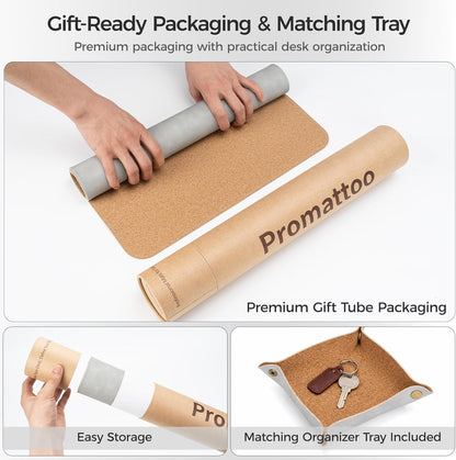 Premium Faux Leather Desk Mat & Tray Set，Innovative Cork-Look Printed Base，Gift Tube Packaging，Full-Desk Coverage，Non-Slip Desk Pad for Office Home（Olive Green）