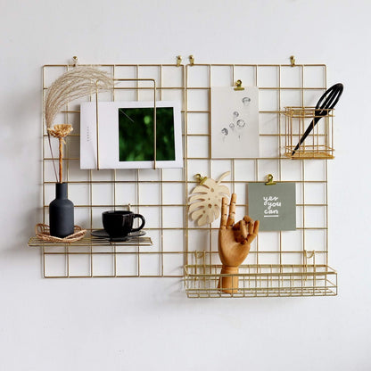 Wall Grid Panel for Photo Display,Wall Storage Organizer,5 Metal Clips & 3 S Hooks & 4 Nails & 4 Plastic Hanging Buckles and 4 Screws Offered,Size 17.5" x 11.8",2 Pack(Gold)