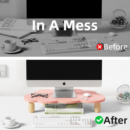 AFOOYO Monitor Stand Riser,Cloud-Shaped Sturdy Wood 16.5In Computer Monitor Riser Wirh Drawer, Multi-Purpose Desktop Organizer Riser for Computer,Laptop,Printer,TV,White