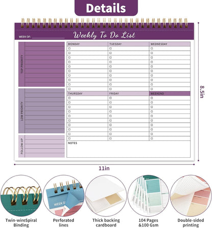 104 Pgs Weekly To Do List Notepad, 52 Duplex-Printed Undated Sheets 100 GSM（8.5"×11") Weekly Desk Planner For Work Home School Office Desk Accessories Supplies & Goal Setting Tasks - Green
