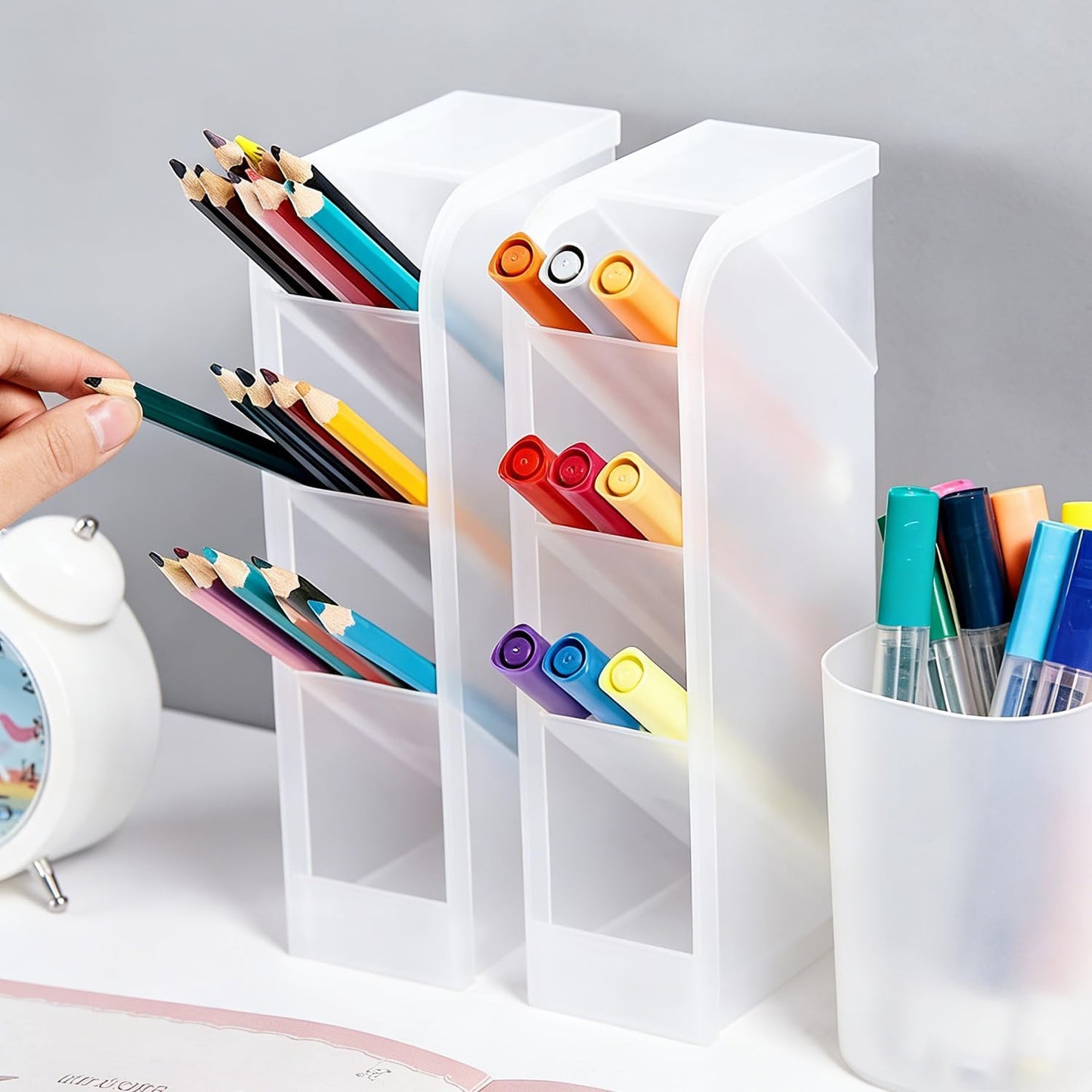 Angled Pen Holder Desk Organizer, 4 Grids Vertical Marker Organizer Pen Display Holder for Desk Stationery Pencil Storage