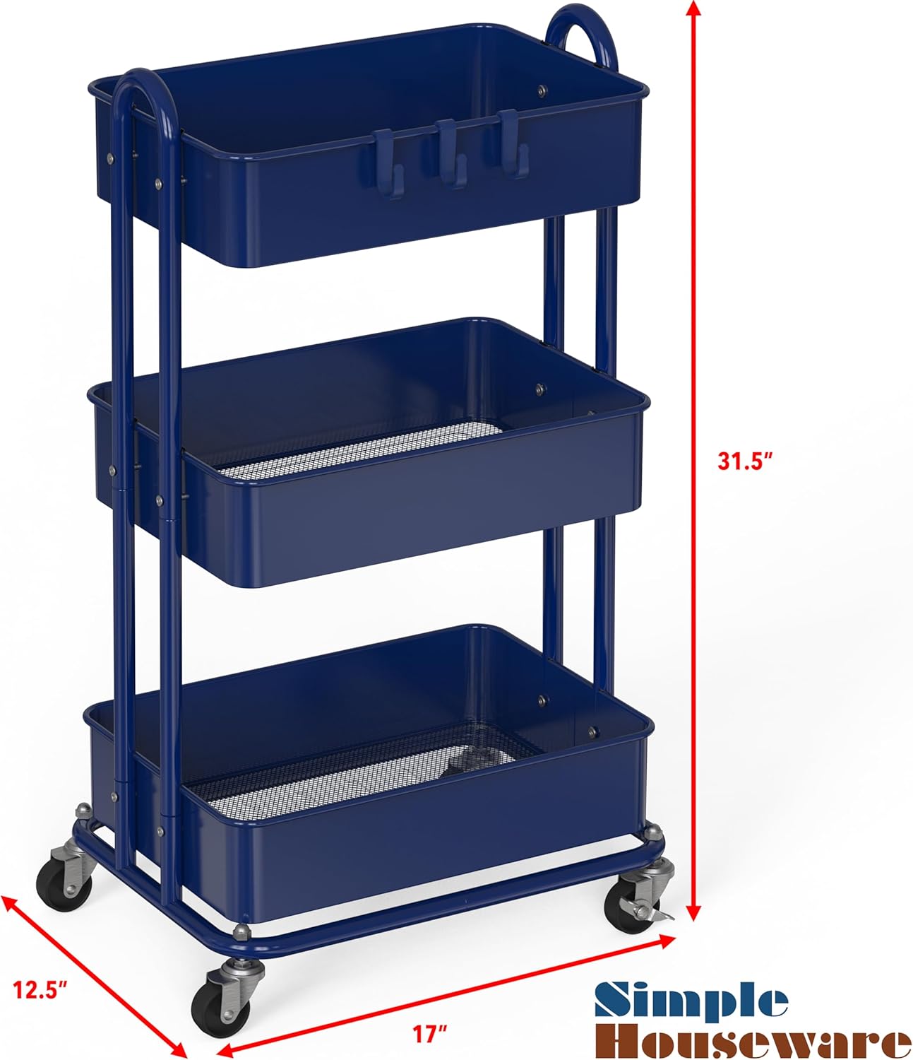 Simple Houseware 3-Tier Heavy Duty Metal Utility Rolling Cart, White