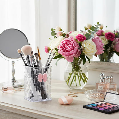 Artistic Acrylic Pen Holder Cute, Clear Makeup Brush Holders with Woven Texture and a Pink Bow, Transparent Stylish Pencil Holder for Desk, Clear Pencil Organizer Pen Caddy for Desk School Accessories