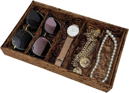 AgentMoon 5-Compartment Velvet Sunglasses & Jewelry Organizer Tray – Adjustable Dividers, Sturdy Wood, Non-Slip Storage for Watches, Glasses, Bracelets, Desk or Drawer.(Tabby Red)