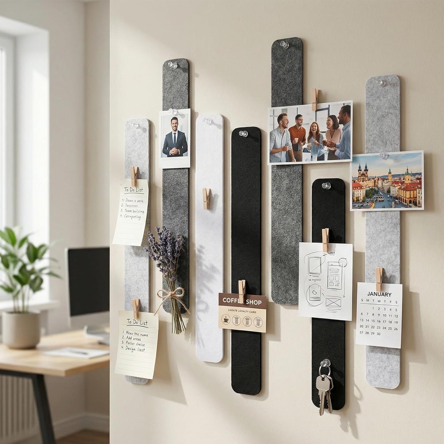 Thboxes 5 Pack Felt Bulletin Board Strips, 13x2 Inch Self Adhesive Felt Pin Boards with 30 Pushpins, Cork Board for Walls Home Office Decor(Black)