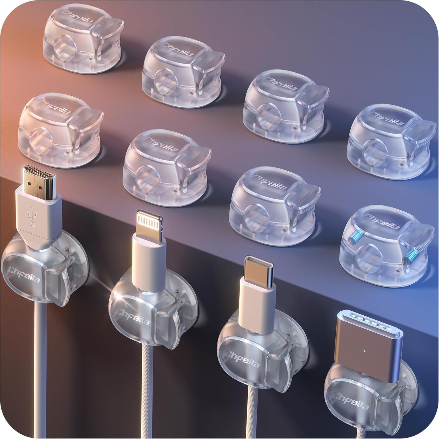 Chfeila 8 Pack Cable Clips [Dual Spring & Clasp] Cable Management, Max Secure Adhesive Cord Organizer, Cord Holder for Nightstand, School Office, College Dorm Essentials, Desk Accessories & Decor