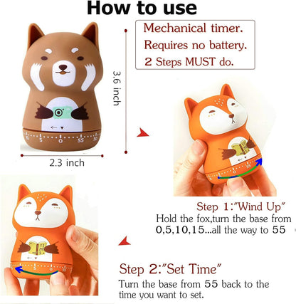 Mechanical Kitchen Timer - Cute Animal Wind Up 60 Minutes Manual Countdown Timer for Kids, Classroom, Home, Study and Cooking - Grey Raccoon