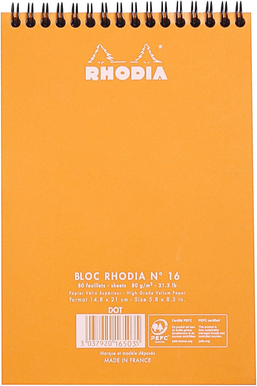 Rhodia #16 Wirebound Notepad 5.8" x 8.3" Dot Pad, Orange Cover