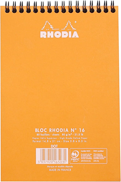 Rhodia #16 Wirebound Notepad 5.8" x 8.3" Dot Pad, Orange Cover