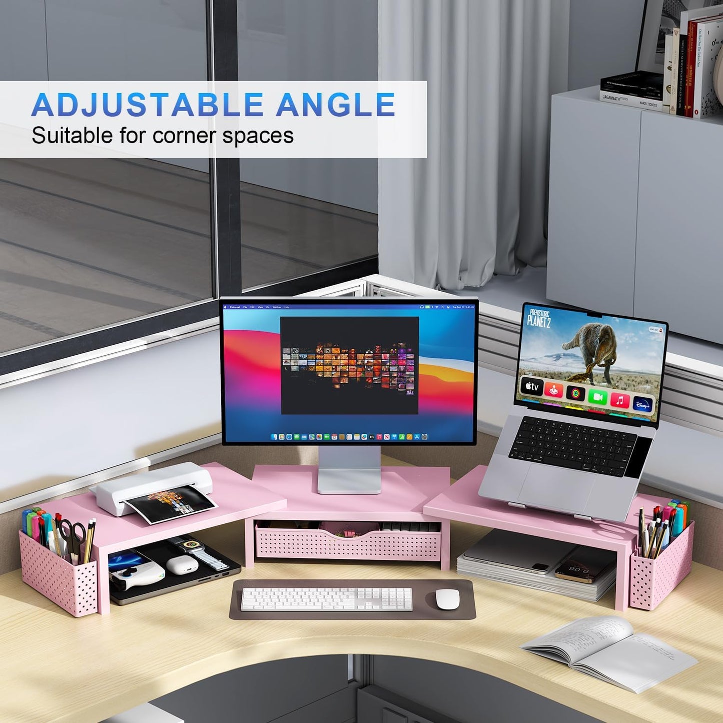 gianotter Dual Monitor Stand Riser, Desk Organizer With Drawer and 2 Pen Holders,Computer Monitor Stand, Desk Shelf for Top of Desk, Wood