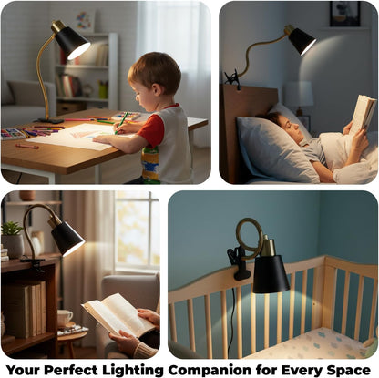Desk lamp Eye-Caring Table Lamps, 360°Rotation Gooseneck Clip on Lamp Reading Light Portable Reading Book Light Clamp Study Desk Lamps for Bedroom and Office Home Lighting (Black)