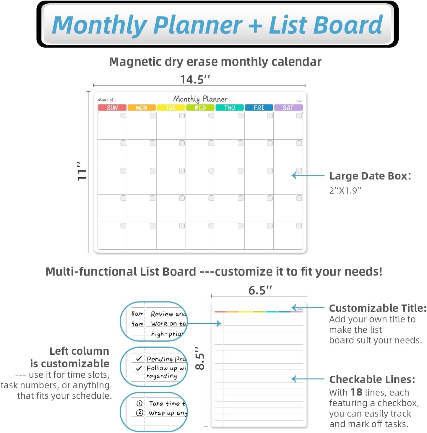 JPRO Magnetic Weekly Calendar and to Do List for Fridge - 8.5" x 6.5" Weekly Meal Planner for Refrigerator and Dry Erase Daily to-Do List -6 Markers Included!