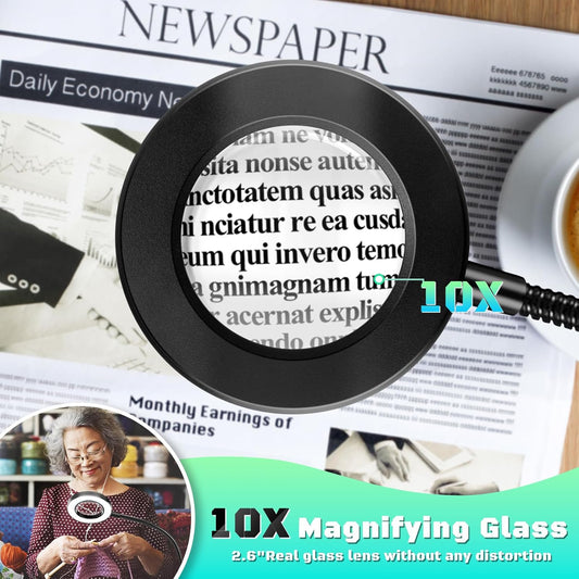 10X Magnifying Glass with Light, Clip on Mganifier with Light, 48 LED Desk Magnifying Glass wtih Clamp, 3 Modes Dimmable Magnifying LED Lamps for Bed Work Crafts DIY Repair