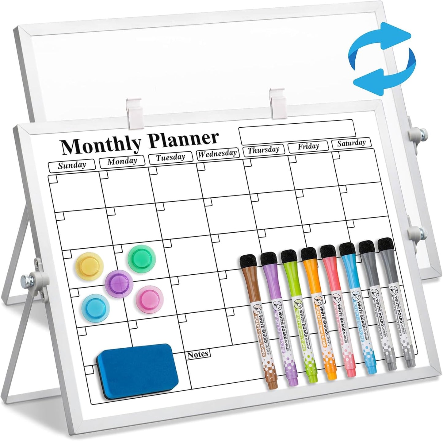 Magnetic Dry Erase White Board with Stand, 10" x 10" Double-Sided Desktop Whiteboard, Mini Portable Weekly Calendar Planner Board Set with 6 Markers, 4 Magnets, 1 Marker Holder & 1 Eraser