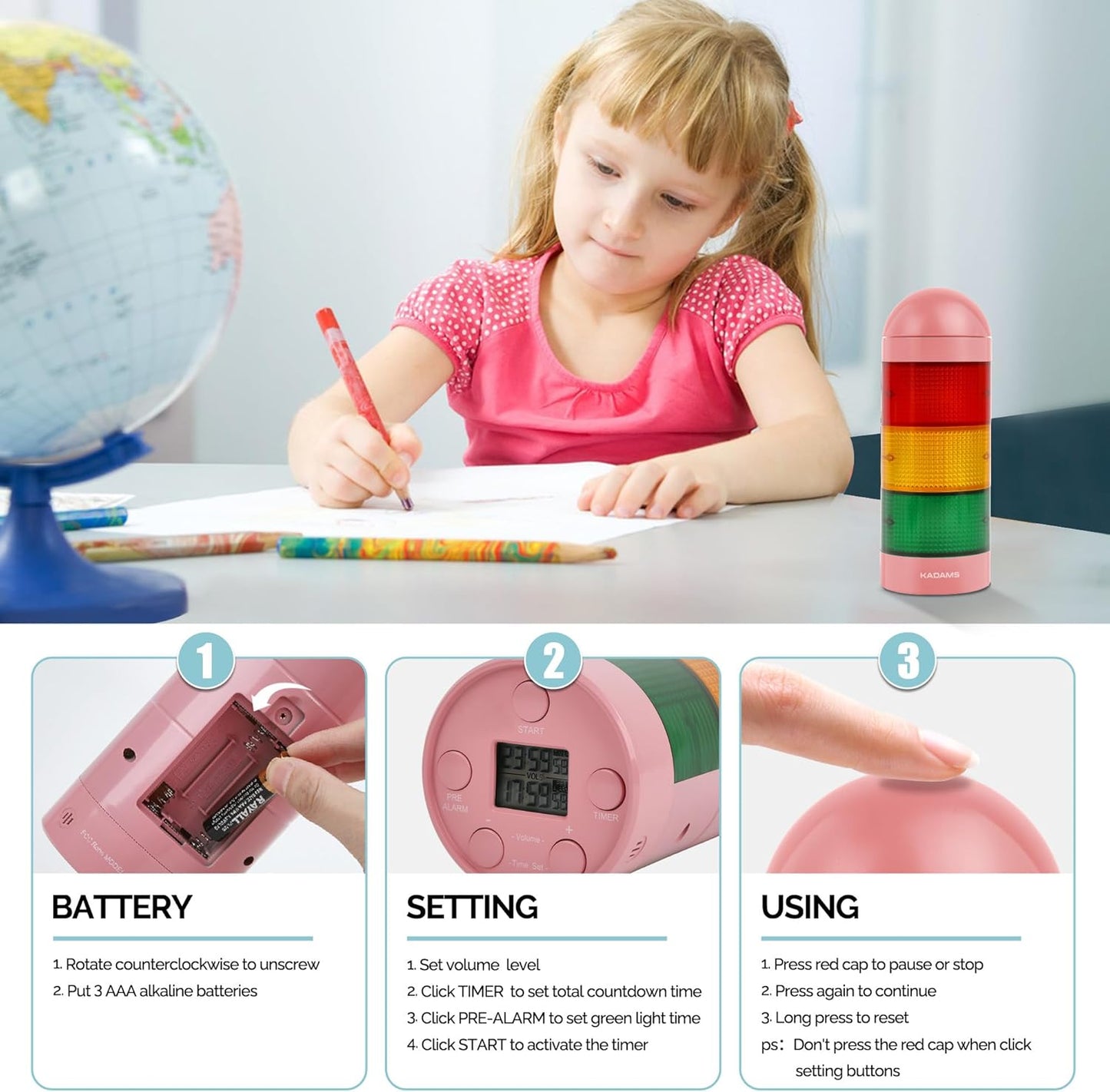 KADAMS Visual Timer for Kids with Audio Pre-Alarm - Traffic Light Alarm for Kids Toddler Teachers Classroom Home Time Management Tool 24hr Countdown Pause Memory Function