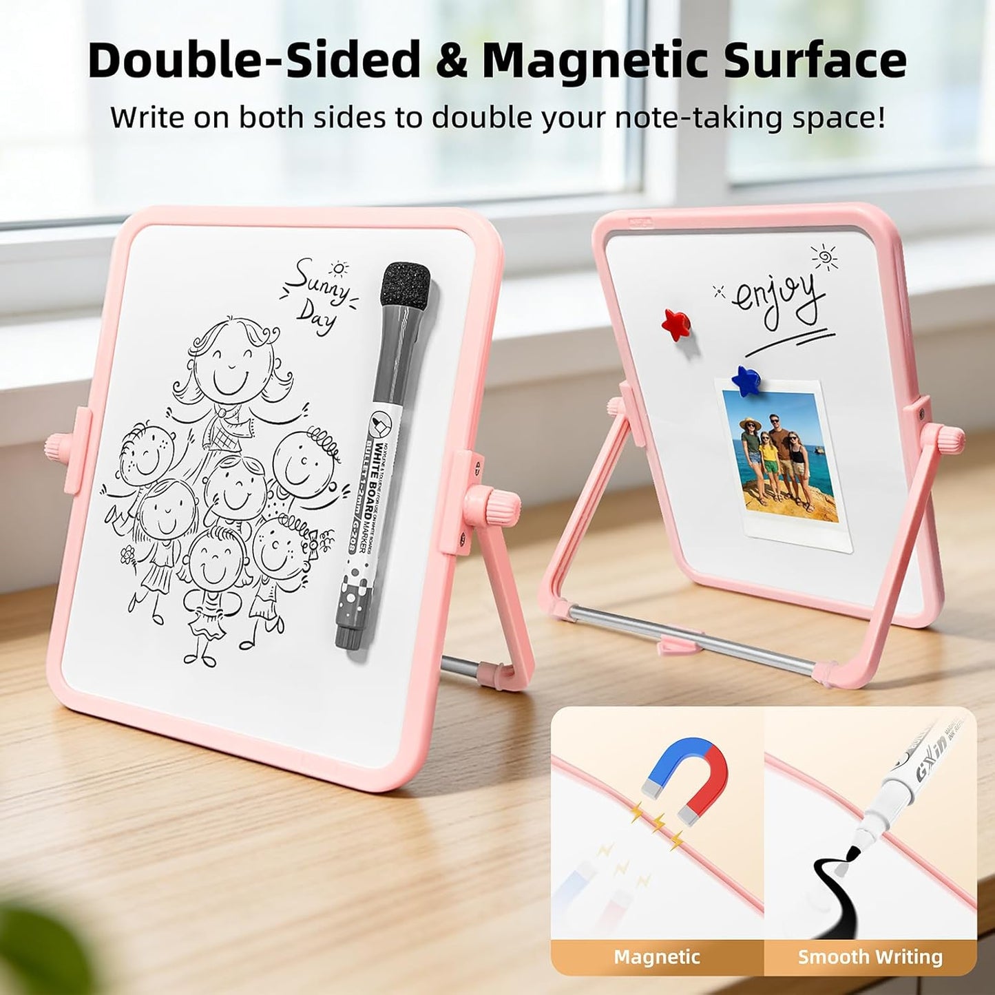 Colorful Dry Erase White Board 8.3x11in, Magnetic Desktop Board with Stand, 2 Markers (Eraser Head), 4 Magnets - Double-Sided Easel for Daily Planning, Memo, Office/Home/School (Blue)